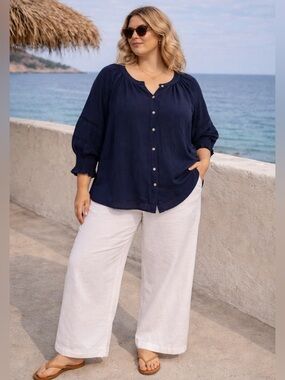 Como Black Navy Blouse 1X Flowy Peasant
Nautical Coastal Summer Plus Curvy